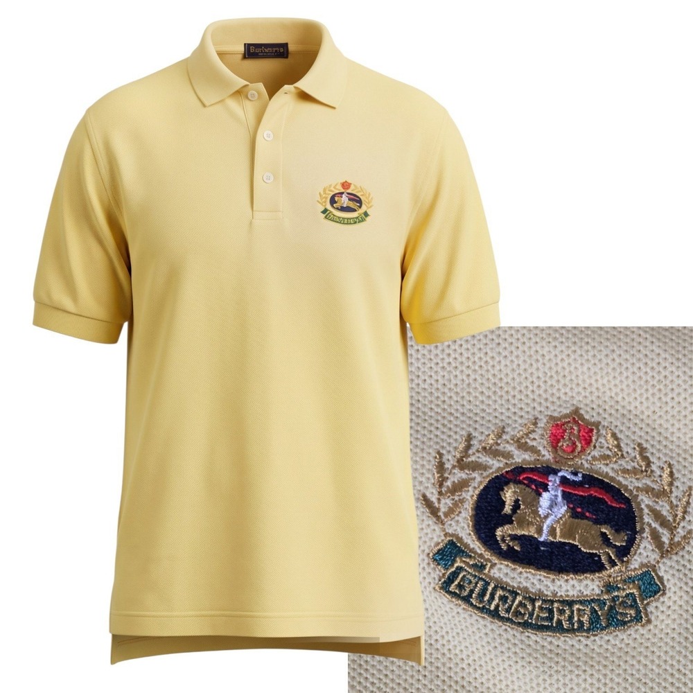 Burberrys Polo Shirt Mens Large Yellow Vintage Embroidered Crest Cotton Pique